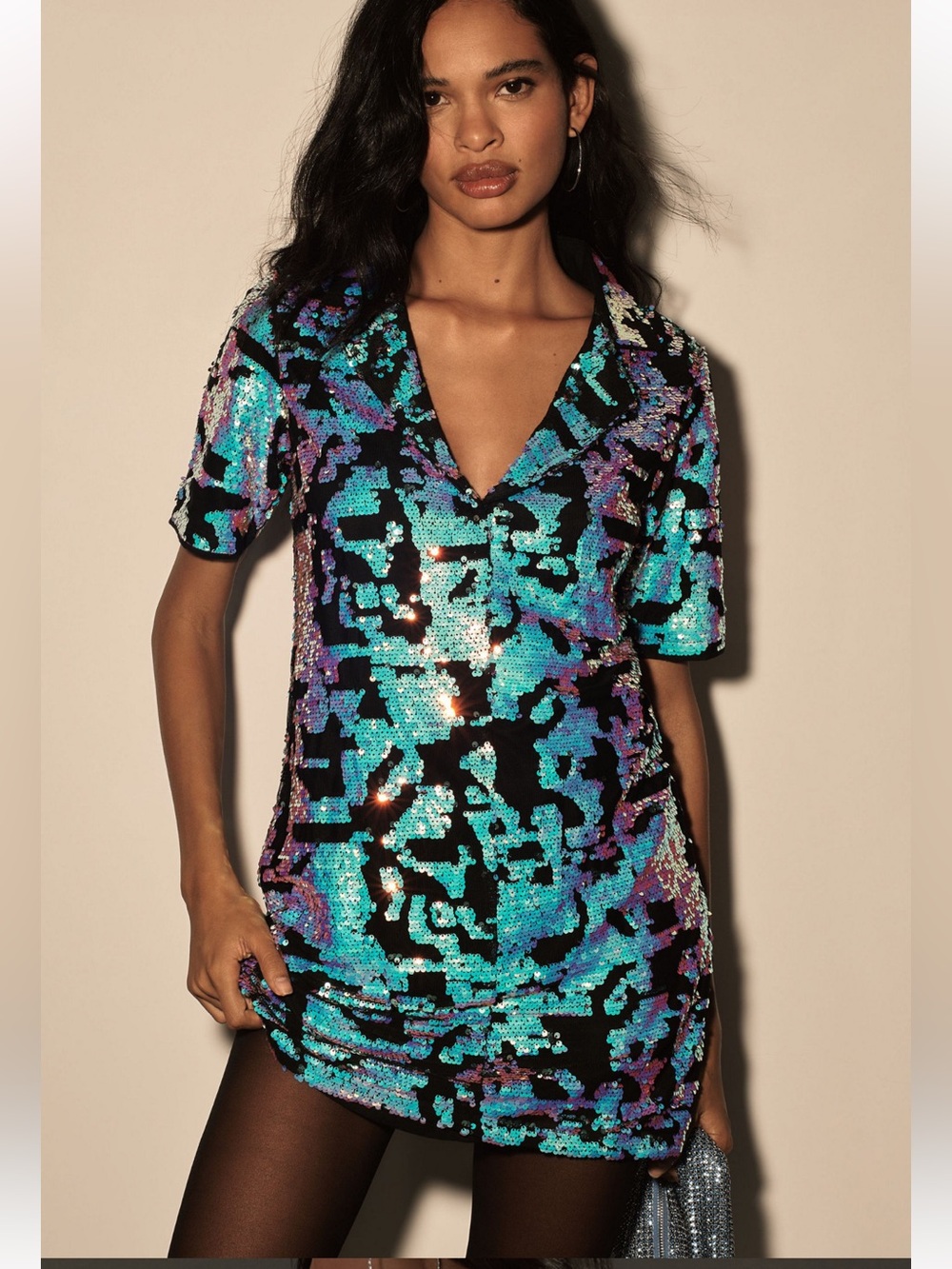 Bhanuni by Jyoti Sequin V-Neck Short Sleeve Mini Dress Black Multi Size Su